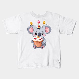 Cute Koala girl holding a birthday muffin with a candle,.Vector flat illustration Kids T-Shirt